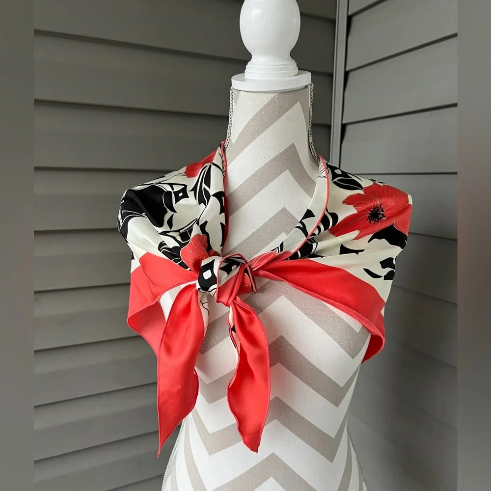 TANNER Floral Orange Black Cream Triangle Silk Scarf Sz 36”x36”x60”